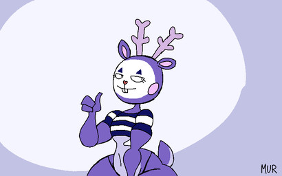 4_fingers anthro antlers bedroom_eyes belly big_cheeks bottom_heavy buckteeth cheek_expansion clothed clothing countershade_belly countershade_tail countershading crop_top curvy_figure expansion eyelashes femboy finger_in_mouth fingers fur gesture glistening glistening_lips hand_gesture hand_on_hip hand_on_own_hip hands_on_hips heart_nose heart_symbol horn huge_cheeks hyper hyper_cheeks hyper_lips inflation lip_expansion lips looking_at_viewer makeup male narrowed_eyes navel open_mouth open_smile pattern_clothing pattern_shirt pattern_t-shirt pattern_topwear purple_background purple_body purple_fur seductive shirt simple_background small_waist smile solo striped_clothing striped_shirt striped_t-shirt striped_topwear stripes t-shirt tail teeth thick_lips thong_straps thumb_blowing thumb_in_mouth thumbs_up topwear wasp_waist wide_hips thatdawgmurray happy_tree_friends mime_(htf) deer mammal 16:10 2025 aliasing animated digital_media_(artwork) signature widescreen