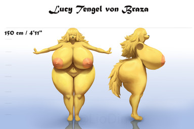 4_toes anthro areola big_breasts big_butt blonde_hair breasts butt feet female female_anthro fingers fur hair hair_over_eyes huge_breasts huge_butt navel nipples pink_areola pink_nipples solo tail text thick_thighs toes wide_hips yellow_body yellow_fur yellow_tail liodimor canid canine canis domestic_dog mammal 2026 3:2 character_name hi_res model_sheet