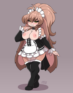 accessory ahoge anthro areola arm_tuft arm_warmers armwear blush bottomwear breasts brown_body brown_fur brown_hair chest_tuft choker clothed clothing ear_markings ear_tuft ears_down exposed_breasts eyebrow_through_hair eyebrows eyelashes eyelashes_through_hair female fur gradient_background green_eyes hair jewelry leg_warmers legwear long_ears looking_at_viewer maid_apron maid_collar maid_hat maid_headdress maid_uniform multicolored_body multicolored_fur multicolored_hair necklace nipples partially_clothed pink_nipples pink_nose pivoted_ears ponytail ribbons shoulder_tuft simple_background skirt smile smiling_at_viewer solo stockings teeth teeth_showing thick_thighs topless topless_anthro topless_female translucent translucent_hair tuft two_tone_body two_tone_fur two_tone_hair uniform wide_hips jo-vee-al phoebe_(jo-vee-al) domestic_rabbit lagomorph leporid lop_rabbit mammal oryctolagus rabbit 2025 hi_res signature