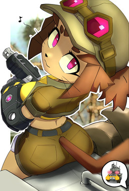 anthro belt big_butt bottomwear breasts brown_eyebrows brown_hair butt clothing emoji eyebrows female female_anthro furgonomic_bottomwear furgonomic_shorts furgonomics gun_arm hair hat headgear headwear high-angle_view jacket looking_at_viewer looking_back looking_back_at_viewer mechanical_arm medium_breasts mouth_closed short_hair shorts smile solo tail tank_(vehicle) topwear vehicle weapon_arm whiskers wide_hips rocknrm gameoverse glitch_productions metal_slug kit_bodega domestic_cat felid feline felis mammal 2026 digital_media_(artwork) hi_res spanish_description