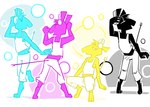 2019 3_toes abstract_background anthro black_body black_fur blue_body blue_fur bottomwear bubble cay_(toxoglossa) clothing crouching dancing digitigrade egyptian_mythology electronics erect_tail feet forked_tail fur group head_tuft headphones male middle_eastern_mythology midriff mythology pants pink_body pink_fur pose set_(species) shirt sleeveless_shirt square_crossover standing tail toes topwear toxoglossa tuft unusual_anatomy unusual_tail white_bottomwear white_clothing white_pants white_shirt white_topwear yellow_body yellow_fur