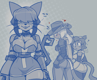 anthro bar_emanata big_breasts breasts chest_tuft clothing cowboy_hat dipstick_tail emanata eyebrows eyelashes female fingers gesture group hair hair_over_eye hair_over_eyes hat headgear headwear heart_symbol male markings mechanical_arm obscured_eyes question_mark shadowed_eyes smile tail tail_gesture tail_heart tail_markings trio tuft wearing_hat whiskers conditional_dnp teckworks distracted_boyfriend gameoverse glitch_productions kit_bodega percy_(teckworks) tina_(gameoverse) domestic_cat felid feline felis mammal siamese_cat 2026 blue_monochrome hi_res meme monochrome signature daughter_(lore) mother_(lore) mother_and_child_(lore) mother_and_daughter_(lore) parent_(lore) parent_and_child_(lore) parent_and_daughter_(lore)