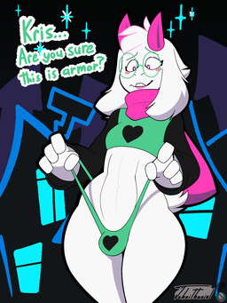 2_horns 4_fingers anthro blush blush_stickers bulge clothing dialogue eyebrows eyelashes eyeshadow eyewear femboy fingers fur glasses green_clothing green_eyewear green_glasses green_thong green_topwear green_underwear horn long_eyelashes makeup male pink_eyes pink_horn pink_scarf question_mark round_glasses scarf small_tail soft_abs solo tail text thong topwear underwear ventral_groove wearing_glasses white_body white_fur wide_hips johnithanial deltarune undertale_(series) ralsei bovid caprine goat mammal 2025 digital_drawing_(artwork) digital_media_(artwork) english_description english_text hi_res