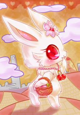 accessory basket candy cherry cloud container crumbs dessert flower fluffy food fruit fur hair_accessory hairclip jewelry long_ears looking_at_viewer necklace plant red_eyes solo sunset tongue tongue_out town white_body white_fur shimiziuns jewelpet sanrio sega sega_fave ruby_(jewelpet) hare japanese_hare lagomorph leporid mammal absurd_res hi_res