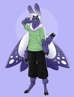 2_toes 3_fingers ankle_tuft antennae_(anatomy) anthro arm_tuft black_sclera bottomwear clothing feet fingers fur leg_tuft male multi_arm multi_limb multicolored_antennae multicolored_body multicolored_fur multicolored_wings neck_tuft purple_eyes shirt shorts solo toes topwear tuft wings crism200_(artist) silk_(phantomotc) arthropod insect lepidopteran moth absurd_res hi_res