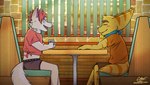 anthro beverage blush blush_lines cafe clothed clothed_anthro clothing coffee coffee_cup coffee_mug coffee_shop container cup fur hair holding_container holding_cup holding_mug holding_object male mug orange_body orange_fur orange_striped_fur orange_stripes pink_hair sitting striped_body striped_fur stripes codyf0xx ratchet_and_clank sony_corporation sony_interactive_entertainment autumn_(lombax) uniko canid canine fox lombax mammal hi_res