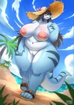absurd_res anthro areola beach big_breasts big_tail black_hair blue_body breasts clothing cloud curvy_figure detailed_background dragon dragonmom_(rayka) eyewear female footwear genitals glasses hair hat headgear headwear hi_res innie_pussy long_hair mature_anthro mature_female mythological_creature mythological_scalie mythology nipples non-mammal_breasts non-mammal_nipples nude ocaritna outside palm_tree plant public pussy reptile sand sandals scalie seaside sky slightly_chubby slightly_chubby_female solo standing summer sun_hat sunny tail thick_thighs tree tropical voluptuous wide_hips wingless_dragon