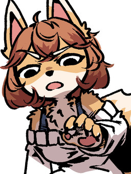 anthro bra_strap brown_hair countershading dipstick_ears ear_markings eyebrows female fur hair markings multicolored_ears pawpads shoulderless_sweater solo white_eyebrows yellow_body yellow_fur anonymous_artist bully_fox canid canine fox mammal 3:4