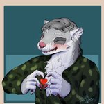 anthro blush claws clothing eyes_closed fur hair heart_symbol male military_uniform open_mouth simple_background smile solo teeth uniform white_body white_fur zerbug mammal mustelid otter 1:1 absurd_res hi_res