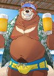 alcohol anthro beach beer belly beverage black_nose blush bulge clothing detailed_background kemono male moobs nipples outside overweight overweight_male solo swimwear ryuta-h bear mammal 2024 hi_res