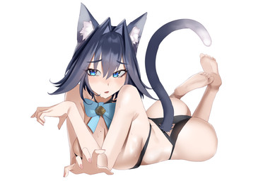 bell big_breasts big_butt bikini black_bikini black_clothing black_hair black_swimwear blue_bow_tie blue_eyes blush bodily_fluids bow_tie breasts butt claw_pose cleavage clothed clothing embarrassed feet_up female hair hair_between_eyes hair_intakes inner_ear_fluff jingle_bell looking_at_viewer lying on_front parted_lips short_hair simple_background skindentation solo sweat sweaty_breasts swimwear the_pose tuft two-piece_swimsuit white_background aragiken hololive hololive_en vtuber ouro_kronii animal_humanoid cat_humanoid felid felid_humanoid feline feline_humanoid humanoid mammal mammal_humanoid absurd_res digital_drawing_(artwork) digital_media_(artwork) hi_res