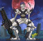 bandage belt bulge cemetery claws detailed_bulge finger_claws genital_outline gun male mechanical_parts moon penis_outline ranged_weapon red_moon solo spikes toe_claws tombstone weapon wrappings wraps yellow_eyes hazker bandai_namco digimon digimon_(species) humanoid mummy mummymon undead hi_res