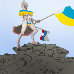 3_toes abs anthro beak blue_background blue_clothing claws clothed clothing feathers feet female flag flag_(object) green_eyes grey_beak grey_body grey_feathers holding_flag holding_object looking_at_viewer military military_vehicle open_beak open_mouth outside partially_exposed_breasts political_cartoon politics propaganda russia russian russian_federation russian_flag simple_background solo tank_(vehicle) toes ukraine ukrainian ukrainian_flag underwear underwear_only vehicle war yellow_clothing shakiestsnakey russo-ukrainian_war t-90 accipitrid accipitriform avian bird 1:1 2022 digital_drawing_(artwork) digital_media_(artwork) hi_res