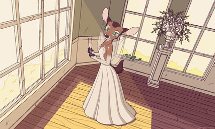 anthro biped breasts brown_body brown_fur brown_tail clothed clothed_anthro clothed_female clothing dialogue dress female fingers fur green_eyes holding_glass holding_object inside looking_at_viewer side solo standing tail text window autumndeer autumn_(autumndeer) deer mammal 2025 digital_drawing_(artwork) digital_media_(artwork) english_text