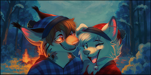 anthro bell bell_collar blue_clothing blue_eyes blue_topwear brown_hair clothed clothing collar duo ear_piercing eyelashes fangs female female_anthro front_view fur glistening glistening_eyes grey_body grey_fur grey_nose hair industrial_piercing male male_anthro messy_hair one_eye_closed open_mouth open_smile outside piercing plant red_clothing red_eyes red_topwear short_hair shrub smile spotted_neck teeth topwear tree white_body white_fur white_hair mylafox canid canine felid feline lynx mammal 2:1 signature