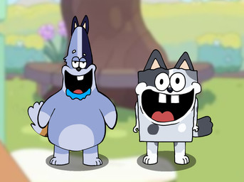 anthro blue_body blue_fur bodily_fluids curimeme duo female female/female fur grass grey_body grey_fur one_tooth plant saliva tail tree un.fan.de.blueyxd bluey_(series) nickelodeon spongebob_squarepants muffin_heeler socks_heeler australian_cattle_dog canid canine canis cattledog domestic_dog herding_dog mammal pastoral_dog traced