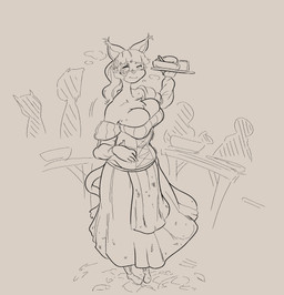 backstory barmaid big_breasts breasts clothing corset female hand_on_belly huge_breasts hungry lingerie rumbling_stomach slim_female tavern topwear sinfullapis bethesda_game_studios microsoft skyrim the_elder_scrolls ardene_marquet felid feline khajiit mammal absurd_res hi_res sketch