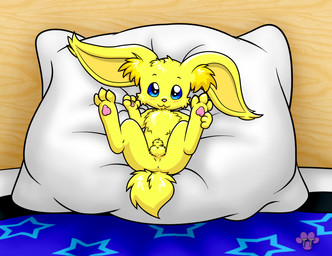animal_genitalia anus balls big_ears feral fully_sheathed fur furry_balls furry_sheath genitals looking_at_viewer lying_on_pillow male nude penis pillow reclining sheath solo spread_legs spreading tapering_penis yellow_body yellow_fur twotails sparkz domestic_cat felid feline felis hybrid lagomorph leporid mammal rabbit hi_res