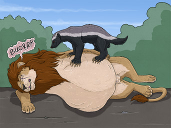 animal_genitalia balls belly big_belly black_body black_fur brown_eyes burping duo eye_scar eyes_closed face_imprint facial_scar feral feral_pred fully_inside fully_sheathed fur genitals huge_belly imprint larger_male lying male male_feral male_pred mane on_side outside resting scar sheath short_tail size_difference smaller_male tail tail_tuft tan_body tan_fur tuft vore strega mdogo one_eye_(strega) badger felid lion mammal mustelid musteline pantherine 2026 hi_res story story_at_source