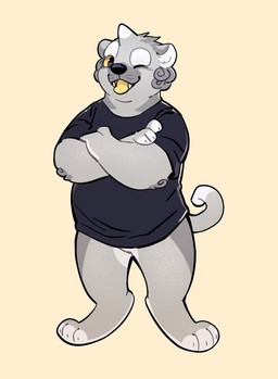 anthro black_clothing black_nose black_shirt black_t-shirt black_topwear bottomless clothed clothing crossed_arms featureless_crotch front_view fur grey_body grey_ears grey_fur grey_horn horn inner_ear_fluff looking_at_viewer male one_eye_closed open_mouth open_smile overweight overweight_anthro overweight_male shirt simple_background smile solo standing t-shirt tongue topwear tuft unsigned white_body white_fur white_horn white_inner_ear_fluff yellow_tongue asnnonaka asian_mythology east_asian_mythology japanese_mythology mythology ryuusei canid canine foo_dog komainu mammal yokai full-length_portrait hi_res portrait