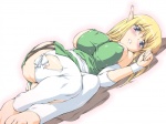 areola big_breasts blonde_hair blue_eyes blush breasts clothed clothing covered_nipples erect_nipples female hair halterneck huge_breasts humanoid_pointy_ears legwear long_hair lying nipple_slip nipples not_furry solo thigh_highs jon_shicchiou jyon_shicchiou the_familiar_of_zero tiffania_westwood elf humanoid 4:3