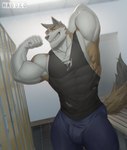 anthro big_muscles bottomwear brown_body bulge chest_tuft clothing denim denim_bottomwear denim_clothing flexing jeans locker_room looking_at_viewer male muscular muscular_male pants shirt smile smiling_at_viewer solo tank_top topwear tuft haduko1 canid canine canis domestic_dog mammal absurd_res hi_res