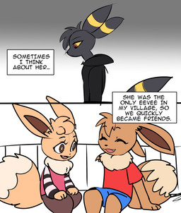 2_panel_comic anthro black_body black_clothing black_fur black_hair black_hoodie black_nose black_text black_topwear blue_bottomwear blue_clothing blue_shorts bottomwear brown_body brown_bottomwear brown_clothing brown_eyes brown_fur brown_inner_ear brown_pants clothed clothing cute_fangs dialogue dipstick_tail duo eyelashes fangs female fluffy fluffy_tail fur gradient_background hair happy head_tuft hoodie long_sleeve_shirt looking_at_another looking_down male markings neck_tuft open_mouth open_smile pants pokemorph red_clothing red_eyes red_shirt red_topwear ring_(marking) shirt shorts side_view simple_background sitting smile solo tail tail_markings tan_body tan_fur teeth text text_box topwear tuft yellow_body yellow_fur yellow_sclera odeko-yma nintendo pokemon lucky_(odeko-yma) eevee eeveelution generation_1_pokemon generation_2_pokemon pokemon_(species) umbreon 2026 comic english_text hi_res