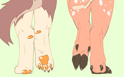 ambiguous_gender anthro brown_body brown_fur duo feet foot_focus fur hindpaw hoof_focus hooves orange_pawpads pawpads paws pink_body pink_fur spots stepping tail tail_motion tailwag tan_body tan_fur catjamn karina_(catjamn) yan_(character) canid canine deer mammal 2026 2_frame_animation animated trans_(lore) trans_woman_(lore)