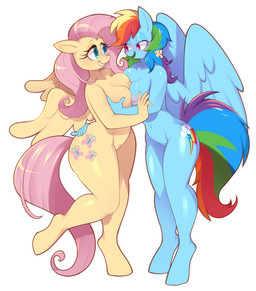 anthro arm_around_neck arm_around_partner arm_around_waist bangs barely_visible_genitalia barely_visible_vulva bedroom_eyes big_tail blue_body blush breast_fondling breast_grab breast_play breast_squish breasts breasts_frottage cutie_mark digitigrade duo eye_contact eyelashes female female/female fondling genitals green_eyes hair hand_on_breast hand_on_butt hooves hug long_hair long_tail looking_at_another mane multicolored_hair multicolored_mane narrowed_eyes nipples nude pink_hair pink_mane purple_eyes rainbow_hair rainbow_mane romantic seductive simple_background smile squish tail thick_thighs vulva white_background wings yellow_body norithecat friendship_is_magic hasbro my_little_pony mythology fluttershy_(mlp) rainbow_dash_(mlp) equid equine horse mammal mythological_creature mythological_equine pegasus pony absurd_res digital_media_(artwork) hi_res