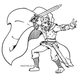 anthro armor barefoot biped bottomwear cape cheek_tuft claws clothed clothing eyebrows facial_tuft feet fluffy fluffy_tail hair holding_melee_weapon holding_object holding_sword holding_weapon male melee_weapon pants plantigrade scabbard short_hair simple_background solo standing sword tail toe_claws tuft vambrace weapon white_background canisfidelis canid canine canis mammal wolf 2025 monochrome