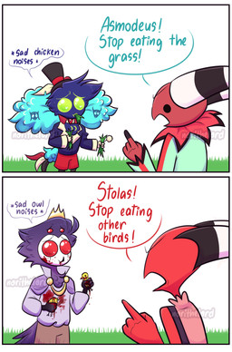 4_eyes animal_noises anthro anthro_pred blood blood_on_clothing blood_on_face blood_on_hand blue_body blue_clothing blue_feathers blue_shirt blue_topwear bodily_fluids bottomwear brown_bottomwear brown_clothing brown_shorts clothing crown dead_animal death dialogue duo eating eating_grass feather_hair feathers feral feral_prey fluffy fluffy_chest grass green_clothing green_onesie grey_body grey_feathers hat headgear headless headwear holding_animal horn male multi_eye onesie outside pink_clothing pink_shirt pink_topwear plant pseudo_hair purple_clothing purple_shirt purple_topwear red_body red_bottomwear red_clothing red_shorts red_skin sad scolding shirt shorts small_hands striped_horn stripes tail tail_feathers text top_hat topwear watery_eyes white_face x_eyes young norithelord hellaverse helluva_boss asmodeus_(helluva_boss) blitzo_(helluva_boss) fizzarolli_(helluva_boss) stolas_(helluva_boss) avian avian_demon bird demon galliform humanoid imp owl owl_demon phasianid 2022 artist_name comic english_text hi_res watermark