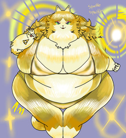5_fingers anthro belly belly_overhang big_belly big_breasts bikini blonde_hair breasts cleavage clothed clothing dipstick_ears dipstick_tail ear_markings eyelashes eyeshadow female fingers fur gloves_(marking) gold_bikini gold_bikini_bottom gold_bikini_top green_sclera hair half-closed_eyes huge_breasts leg_markings long_eyelashes looking_at_viewer makeup markings multicolored_body multicolored_ears multicolored_fur narrowed_eyes obese obese_anthro obese_female onomatopoeia open_mouth open_smile overweight overweight_anthro overweight_female pawpads pink_eyeshadow pink_nose pupils purple_background purple_eyes raised_finger simple_background slit_pupils smile smiling_at_viewer socks_(marking) solo sound_effects sparkles swimwear tail tail_markings tattoo text thick_thighs triforce_tattoo two-piece_swimsuit white_body white_fur wide_hips yellow_body yellow_fur antassmax capcom golden_week monster_hunter monster_hunter_stories fifi_(monster_hunter) number_3 felid felyne lynian mammal palico 2026 absurd_res hi_res signature
