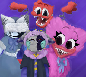 black_clothing black_shirt black_tears black_topwear blue_bow blue_bow_ribbon blue_clothing claws clothing eye_scar eyelashes facial_scar fangs fur grey_body grey_ears group looking_at_viewer machine multicolored_ears open_mouth paws pink_body pink_fur purple_clothing purple_ears red_body red_fur red_sclera scar shirt teeth topwear two_tone_ears white_clothing white_ears yellow_clothing tr1clip mob_entertainment poppy_playtime kissy_missy animatronic robot wuggy_(poppy_playtime) 2023 hi_res