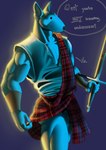 anthro bottomwear circumcised claymore clothing flaccid genitals great_kilt humanoid_genitalia humanoid_penis kilt male melee_weapon muscular muscular_anthro muscular_male penis plaid simple_background simple_eyes solo sword text vein veiny_penis wallace_tartan weapon tush_(artist) julius_(tush) bull_terrier canid canine canis domestic_dog hunting_dog mammal terrier 2021 english_text hi_res