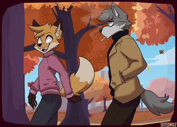 5_fingers anthro autumn big_ears big_eyes black_bottomwear black_clothing black_pants bottomwear brown_body brown_clothing brown_fur brown_jacket brown_topwear building cheek_tuft cigarette clothing cloud detailed_background dipstick_ears dipstick_tail duo ear_markings eyebrows facial_tuft fangs femboy fingers fist fluffy fluffy_tail fur grey_body grey_fur hand_in_pocket happy head_tuft hiking jacket leaf looking_at_another looking_back male male/male markings mole_(marking) multicolored_ears open_mouth orange_body orange_fur pants pink_clothing pink_sweater pink_topwear plant pockets raised_tail romantic romantic_couple skyline smoke smoking smoking_cigarette snout sparkles street_lamp sweater tail tail_down tail_markings tail_tuft teeth topwear tree tuft walking white_body white_fur suitedwolfie balthy_(suitedwolfie) k_(suitedwolfie) canid canine canis fox mammal northwestern_wolf red_fox true_fox wolf 2025 digital_drawing_(artwork) digital_media_(artwork) hi_res shaded watermark