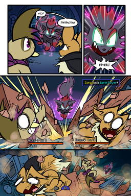 4_panel_comic ambiguous_gender bandage black_cape black_clothing black_eyes black_nose black_text blue_text brown_body brown_fur brown_hair cape clenched_teeth clothing computer_mouse dialogue electronics empty_eyes exclamation_point eye_patch eyebrows eyelashes eyewear falling feral fluffy fluffy_tail fur gameplay_mechanics glowing group gui hair health_bar inner_ear_fluff kerchief keyboard monitor neck_tuft one_eye_obstructed open_mouth page_number pawpads paws pupils purple_eyes quadruped sharp_teeth speech_bubble standing tail talking_to_another teeth text text_box tongue toony trio tuft tusks white_sclera white_text wounded yellow_text virmir nintendo pokemon pokemon_mystery_dungeon spike_chunsoft virmir_(character) zinc_(zincxiron) axew eevee generation_1_pokemon generation_5_pokemon pokemon_(species) zorua 2026 2:3 absurd_res comic english_text hi_res signature male_(lore)