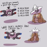 bodily_fluids duo eyewear female feral glasses grey_background male quiz simple_background sweat text rebornica nintendo pokemon undertale undertale_(series) alphys mettaton generation_1_pokemon magnemite marowak pokemon_(species) 1:1 crossover english_text