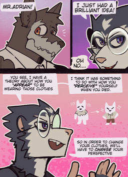 3_panel_comic anthro black_nose bone clothing dialogue duo eyewear face_focus glasses male orange_eyes pink_nose purple_eyes round_glasses simple_background skull skull_head text topwear torn_clothing torn_topwear wearing_glasses king_slabu adrian_(king_slabu) nolan_(king_slabu) american_opossum canid canine canis domestic_dog mammal marsupial spirit virginia_opossum comic digital_media_(artwork) english_text hi_res