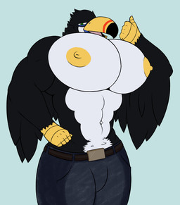 anthro big_muscles big_pecs bottomwear clothed clothing denim denim_bottomwear denim_clothing gesture hand_gesture huge_pecs jeans male muscular muscular_male nipples pants pecs solo thumbs_up topless topless_male yellow_nipples shukk toco_(shukk) avian bird piciform toucan hi_res