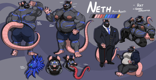 accessory anthro arm_hair beard belly belly_peek big_muscles big_nipples big_pecs body_hair boots bottomwear butt cane chest_hair chest_tuft clothing collar ear_piercing ear_ring eyewear facial_hair facial_piercing footwear front_view glasses gloves hairy hand_on_hip handwear happy_trail harness hoodie huge_pecs jockstrap long_tongue looking_at_viewer male moobs musclegut muscular navel necktie nipple_outline nipple_piercing nipple_ring nipples nose_piercing nose_ring obese overweight pants pecs piercing rear_view ring_piercing septum_piercing septum_ring shoes shorts simple_background smile solo spiked_collar spikes suit tail tattoo text tongue topwear tuft underwear wave nethgoorat neth_rusiki_azhti mammal murid murine rat rodent english_text hi_res