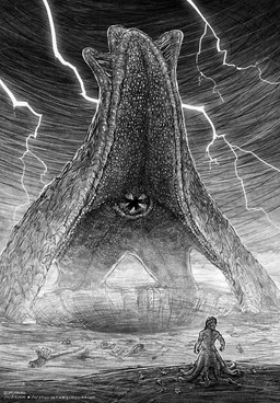 anthro debris detailed_background electricity feral lightning macro male muscular muscular_male nude outside sharp_teeth sky teeth tentacles text three-quarter_view stillinthesimulation nickelodeon spongebob_squarepants patrick_star squidward_tentacles aquatic asterozoan cephalopod echinoderm mollusk starfish absurd_res english_text hi_res monochrome