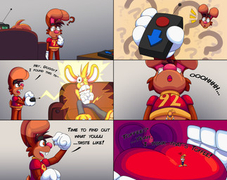 3_toes 4_fingers anthro big_feet cartoon_gloves claws duo extreme_size_difference feet fingers macro male male/male micro pawpads paws shrink_ray shrinking size_difference size_transformation soft_vore soles tail text toe_claws toes toon_physics toony toony_expression toony_moment transformation vore doggydog doggydog_(character) roderick_(tamerkoh) toon_doggydog_(doggydog) canid canine canis domestic_dog lagomorph leporid mammal rabbit absurd_res english_text hi_res