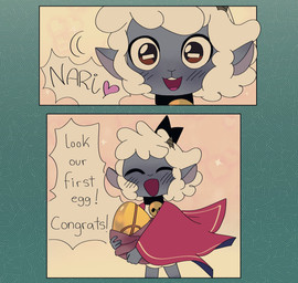 ambiguous_anthro ambiguous_gender anthro bell bell_collar blush collar dialogue egg eyes_closed fur holding_egg holding_object open_mouth open_smile smile solo text white_body white_fur white_wool wool_(fur) xamsdy cult_of_the_lamb massive_monster_(studio) lamb_(cult_of_the_lamb) bovid caprine mammal sheep 2026 comic digital_drawing_(artwork) digital_media_(artwork) english_text hi_res