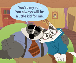 anthro black_body black_fur black_nose blue_clothing blue_hoodie blue_topwear blush bottomwear brown_bottomwear brown_clothing brown_pants clothing detailed_background dialogue duo eyes_closed fur furniture hoodie hug inside male overweight overweight_male pants shirt sitting sofa suspenders text topwear white_body white_fur bencomedion beastly_crimes beastly_crimes_(2024) badgercat chief_badger badger domestic_cat felid feline felis mammal mustelid musteline 2026 english_text
