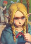 blonde_hair bodily_fluids braided_hair braided_pigtails female female_focus group hair humanoid_pointy_ears not_furry pigtails pointy_ears solo_focus staff sweat sweatdrop trio shadowzsss delicious_in_dungeon chilchuck_tims marcille_donato elf halfling humanoid absurd_res hi_res