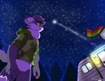 anthro camping chromatic clothing cosmic_background fluffy fluffy_tail forest forest_background fur glowing_stars grey_body grey_fur hoodie lgbt_pride male medium_truck nature nature_background pattern_clothing pattern_topwear plant pride_colors rainbow_flag rainbow_pride_flag rainbow_symbol shooting_star skinny_anthro skinny_male sky slim solo star starry_background starry_sky tail toony topwear tree truck van vehicle dulceplum felid feline mammal chromatic_aberration digital_drawing_(artwork) digital_media_(artwork) hi_res shaded