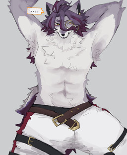 anthro belt blush bottomwear clothed clothing eyewear fur grey_body grey_fur hair hands_behind_head leg_belt looking_at_viewer male monocle multicolored_body multicolored_fur navel pants purple_hair simple_background solo tail two_tone_body two_tone_fur underwear white_body white_fur yellow_eyes neko_desu_nyaa compass_(combat_providence_analysis_system) charles_richter_(compass) canid canine canis mammal wolf 2026 hi_res