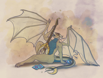 anthro electric_guitar guitar male membrane_(anatomy) membranous_wings musical_instrument pin-up_poster plucked_string_instrument pose retro solo string_instrument tail wings dragonlovers natoli mythology desertyrain_minrok minrok dragon mythological_creature mythological_scalie scalie hi_res pinup