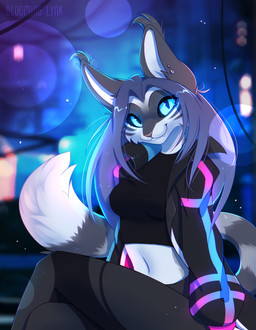 anthro black_bottomwear black_clothing black_jacket black_pants black_topwear blue_eyes blurred_background bottomwear clothed clothing ear_piercing ear_stud fangs female female_anthro fur glistening glistening_eyes grey_body grey_fur grey_hair grey_tail grin hair jacket long_hair looking_at_viewer open_clothing open_jacket open_topwear pants piercing pupils sitting slit_pupils smile solo tail teeth topwear white_body white_fur white_tail bloominglynx felid mammal digital_drawing_(artwork) digital_media_(artwork) hi_res