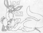 absurd_res anthro balls buckteeth dialogue digitigrade duo english_text erection fellatio genitals graphite_(artwork) greyscale hand_on_head hi_res kangaroo lagomorph leporid lying macropod male male/male male_penetrated male_penetrating male_penetrating_male mammal marsupial mizzyam monochrome nude on_front open_mouth oral oral_penetration pencil_(artwork) penetration penile penis penis_backwards rabbit sex size_difference small_dom_big_sub speech_bubble spotted_bunny teeth text traditional_media_(artwork)